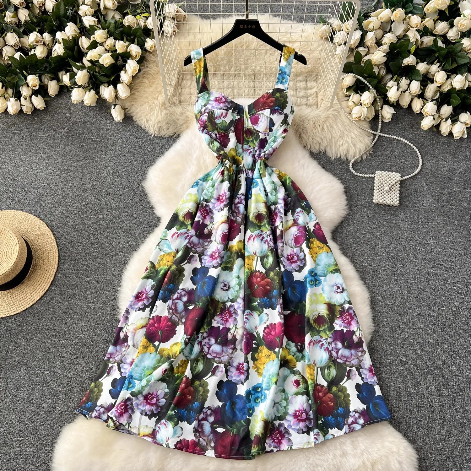 

Summer Holiday Flower Spaghetti Strap Dress Women's Sleeveless V-Neck Backless Flower Print Beach Runway Midi Vestidos