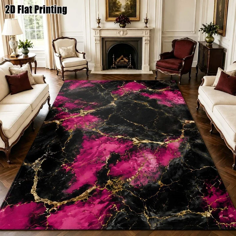 1Pc Light Luxury Black Gold Rose Red Marble Pattern Rug, Retro Art Decorative Rug for Living Room, Bedroom, Dining Room, Bedside, Indoor and Outdoor Patio, Home Decoration