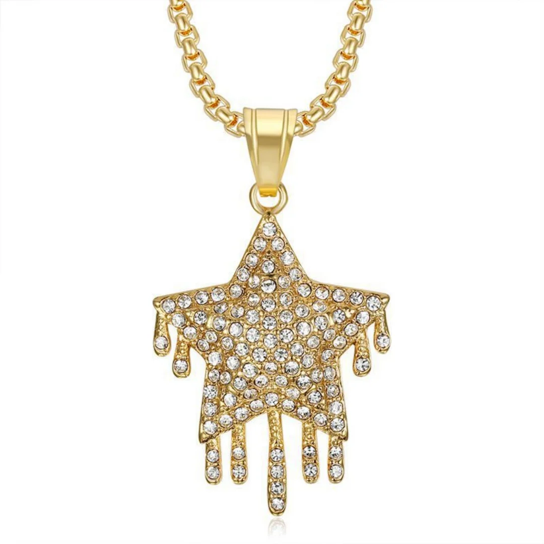 

Hip Hop Iced Out Pentagram Pendant Gold Silver Color Stainless Steel Zirconia Tennis Star Necklace for Woman Man Hippie Jewelry