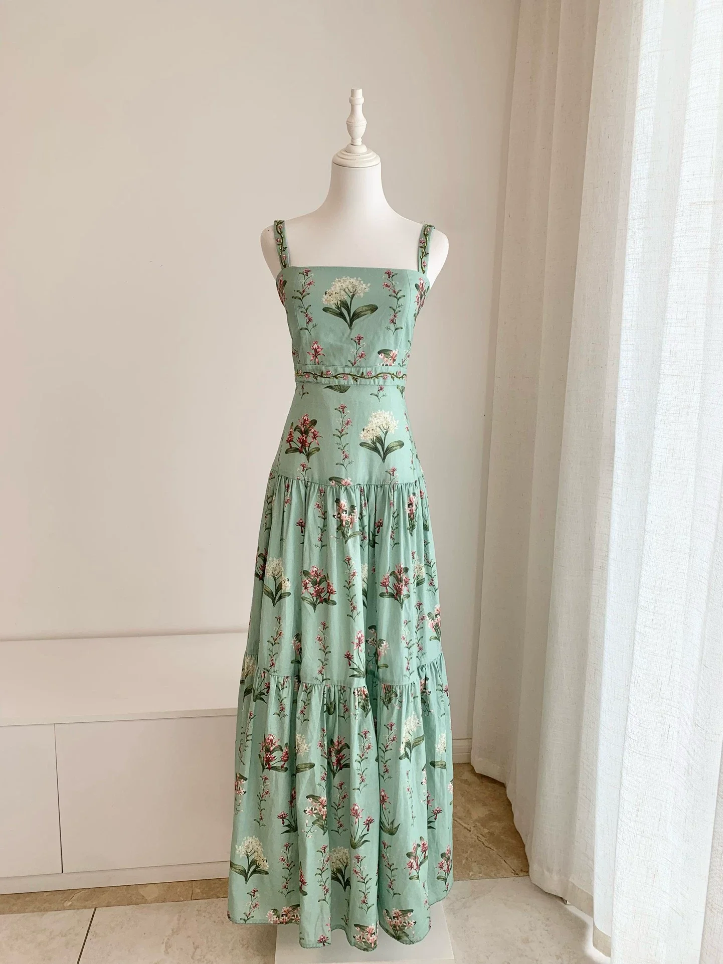 Female Flower Print 100% Linen Robe Beaded Square Collar Sleeveless High Waist Fashion Green Maxi Dress