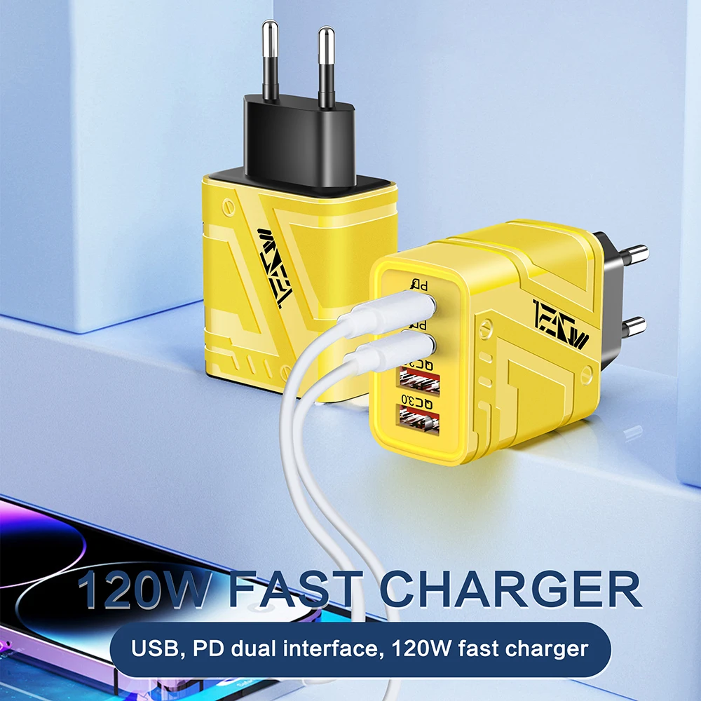 

Total 120W PD USB Fast Charge Charger Multi Ports Type C Fast Charging Universal Charger Quick Charge 3.0 Travel Wall Adapter