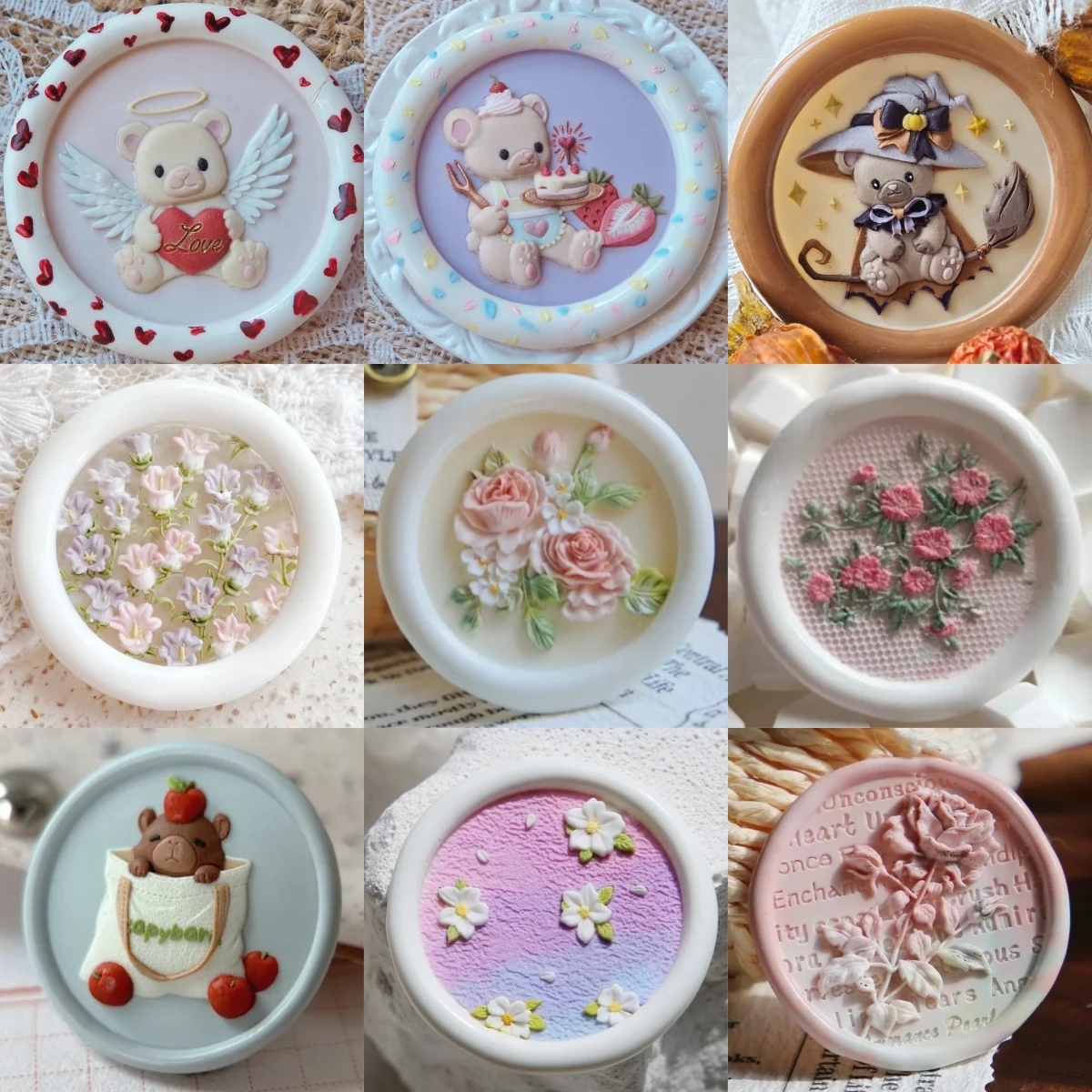 Fire Lacquer Seal Header Multi-Layer Precision Carved Teddy Bear Rose Shaped Relief Painting Series Diy Stamp Copper Header