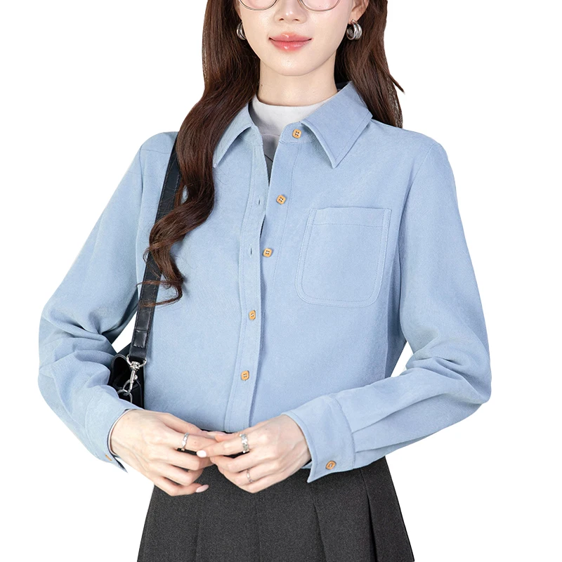 بلوزات نسائية سميكة عتيقة بجيب واحد للخريف والشتاء واحدة الصدر ملابس عمل مكتبية قمصان فضفاضة غير رسمية قطع علوية للسيدات جديد 2025