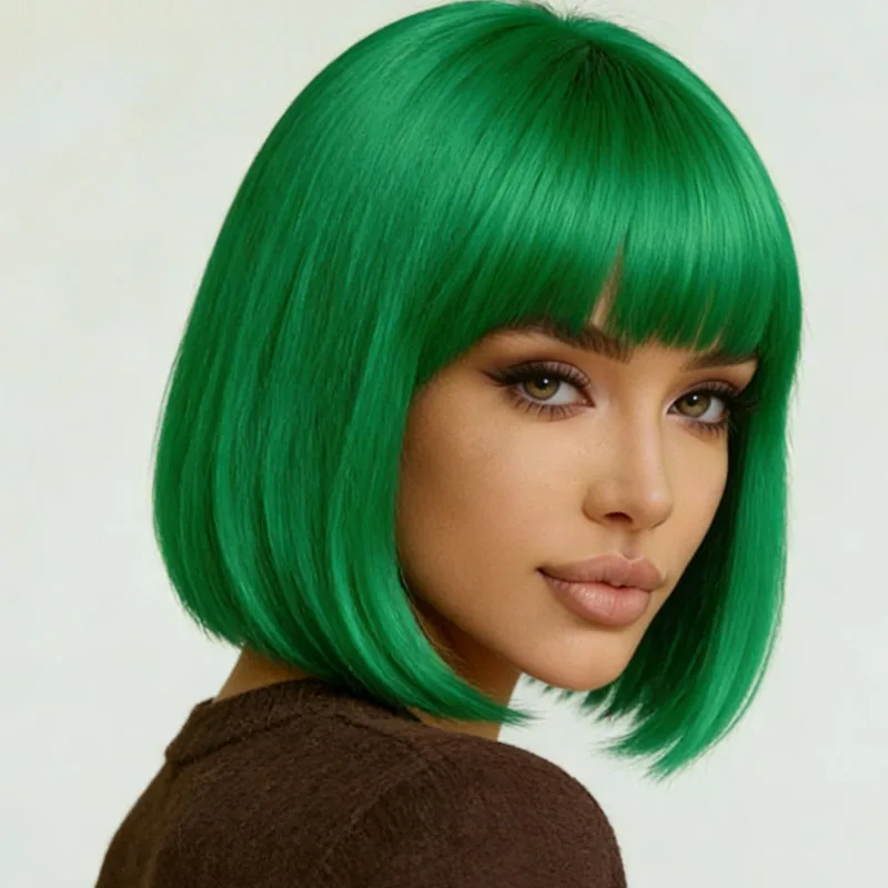 

Female 12 inch green synthetic straight wig with bangs suitable for cosplay parties, smooth and easy to maintain for daily use