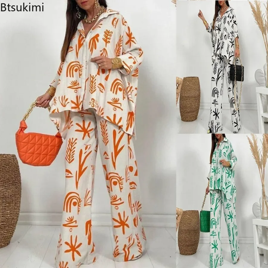 2024 Women\'s Fashion Casual 2PCS Sets Loose Wide Legs Trousers and Long Sleeve Shirts Female Two Piece Suits Sets Vacation Beach