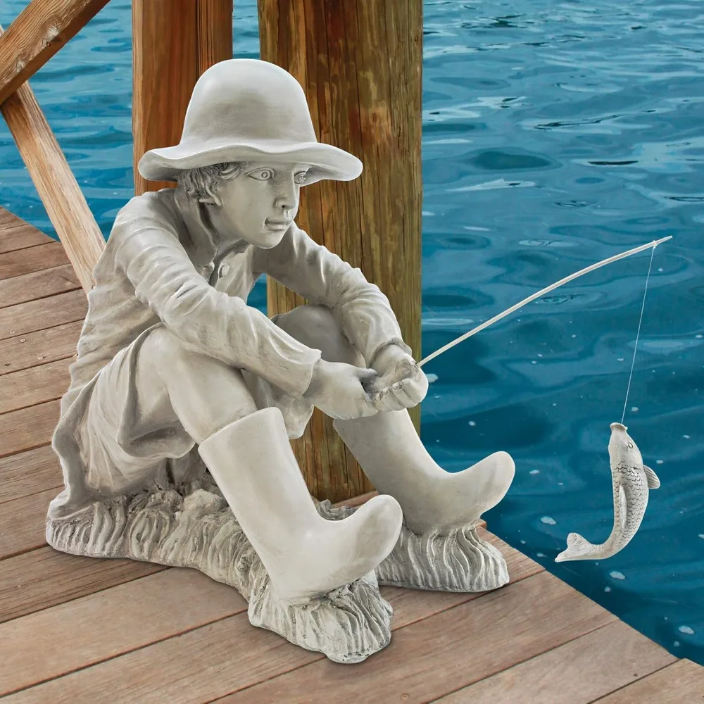 Gone Fishing Fisherman Handcast Polyresin Statue, 17 Inch, Stone