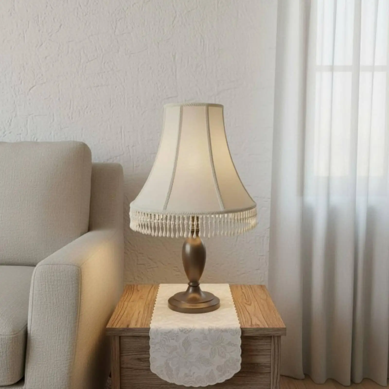Linen Lampshade Softening Light Beaded Tassel Shade Vintage Fabric Lampshade for Table Floor Lamps