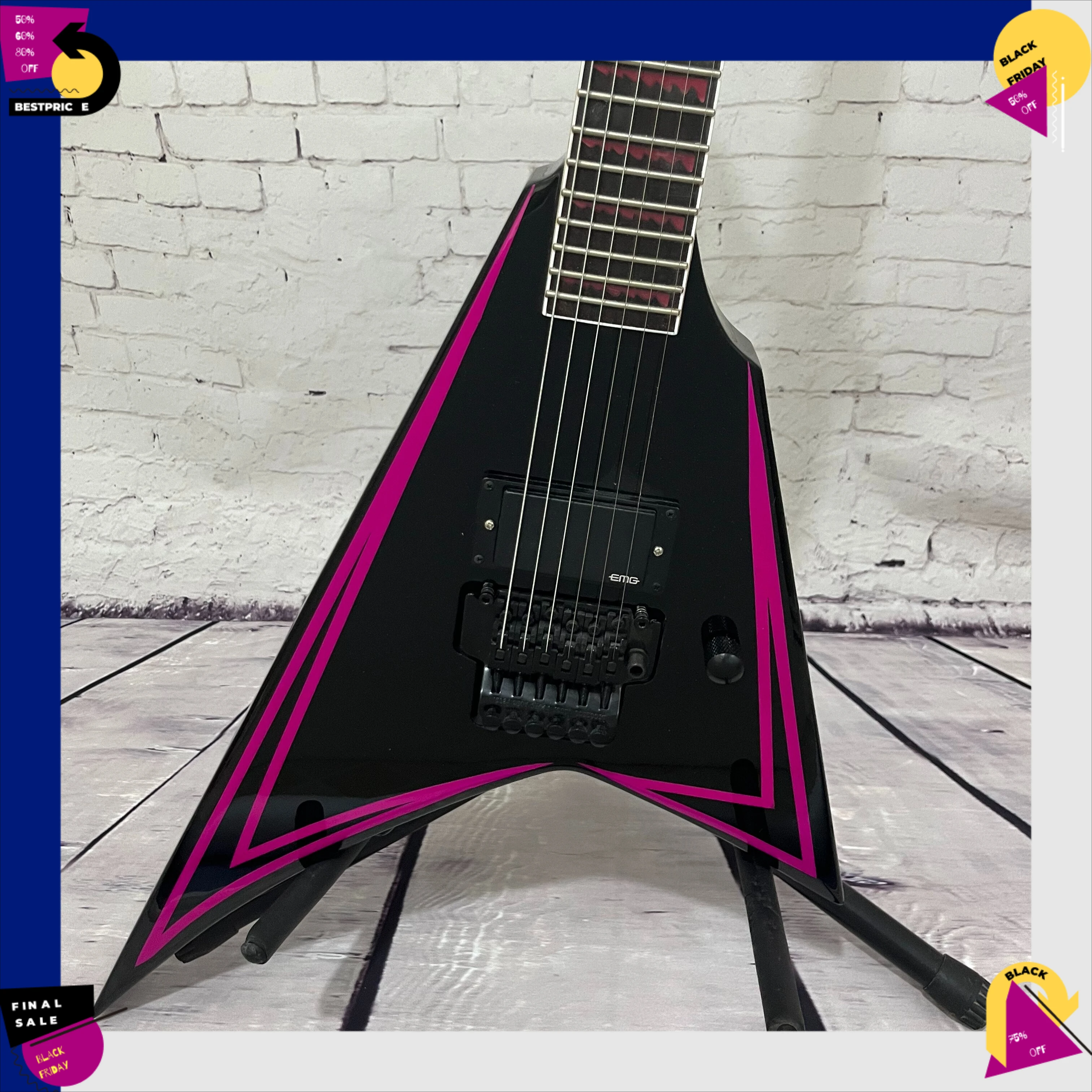 Alien-Shaped 6-string Electric Guitar Bright Pink Double-V Trim on Body Edge Double-Locking Trem Dual PickupsMahogany Body
