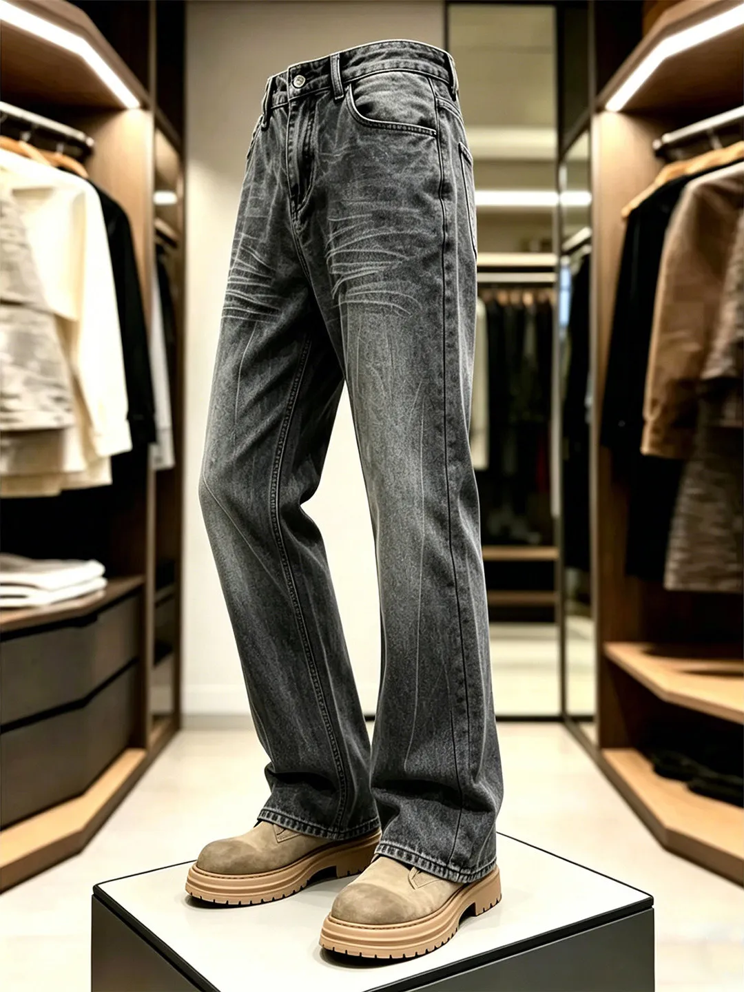 Cleanfit Black Lightning Pattern Cowboy Jeans Men's Straight Leg Slimming Flared Pants Summer High Street American Style