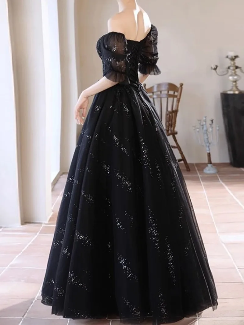 Customized French Elegant Waist Black Evening Dress One-shoulder Birthday Prom Dress Sexy Simple Ball Gown Pleated Mesh Wedding