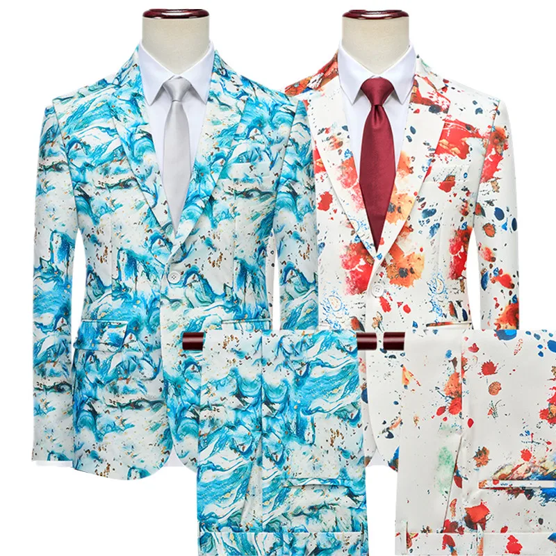 

2025 New Men's 3D Digital Printed Suit 2-piece Set, Fashion Male Business, Social, Dance, Party , Flower Blazers and Pants