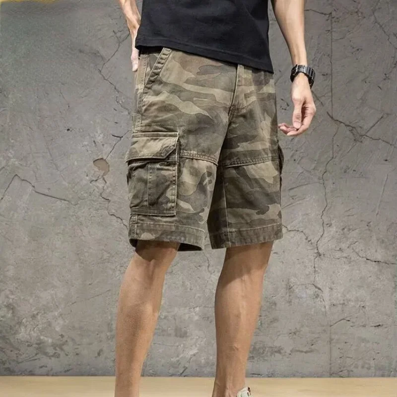 

Men's Cargo Shorts Combat Male Bermuda Short Pants Camouflage Half Camo Y2k Harajuku Loose Front Pocket Elastic Waist Vintage