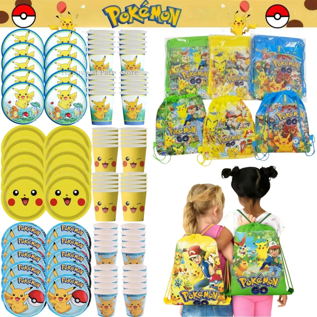 

Poke*mon Birthday Party Cup Plates Set Drawstring Gift Bags Pikachued Character Themed Shopping Bag Birthday Decoration Supplies