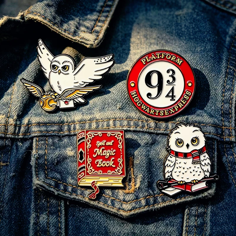 4pcs Creative Badges Magic Owl Book Enamel Pins Set Wizard Themed Lapel Pins for Backpack Jacket Decor Fantasy Fan Gift Brooches