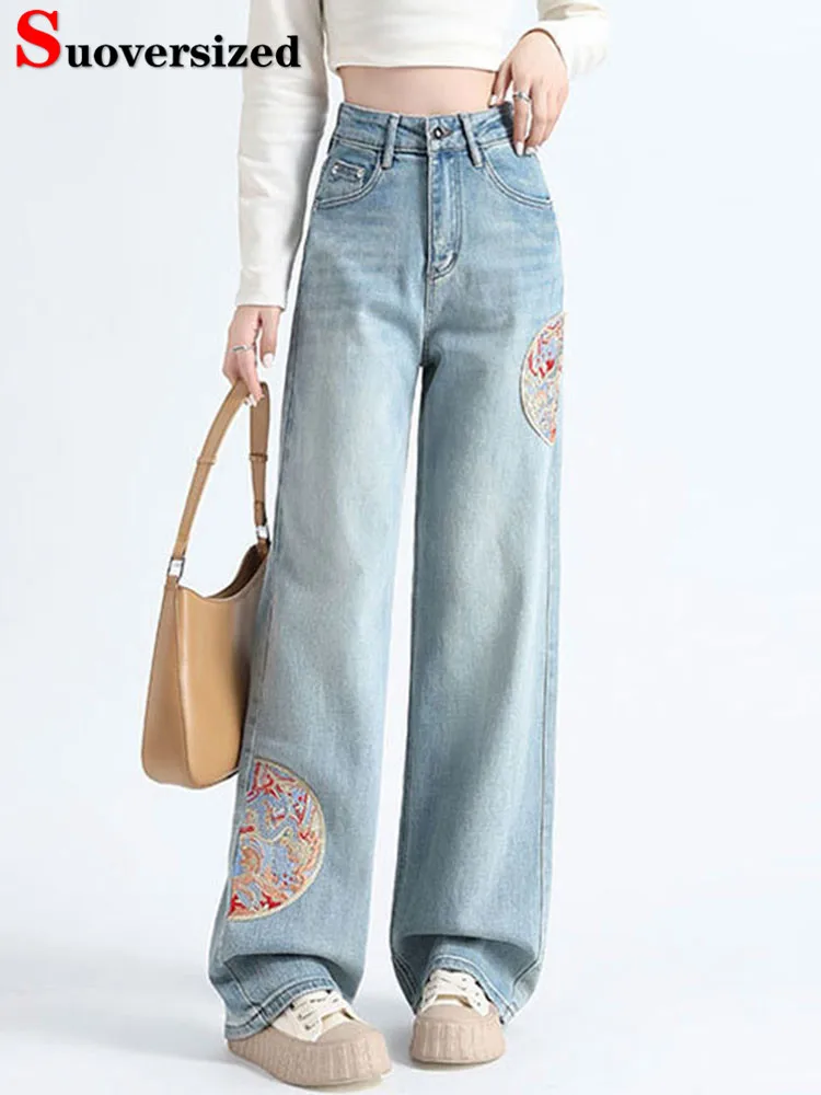 

Embroidery High Waist Baggy Straight Jeans Women Casual Chic Design Vintage Denim Pants Spring Fall Streetwear Kot Pantolon New