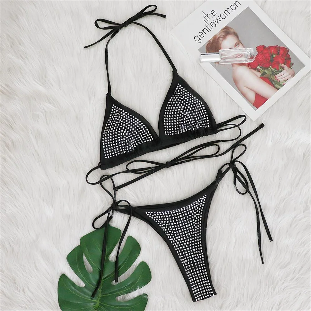 Glänzender Strass-Bikini mit Wickel-Design und Neckholder, Damen-Badeanzug, zweiteiliges Bikini-Set, Badebekleidung, Badeanzug, Modell V4906 – Detail 7
