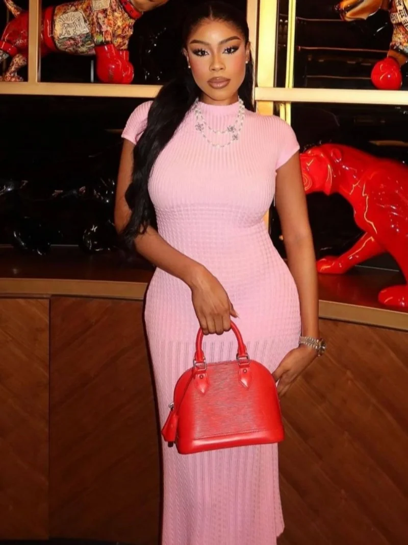 ファッションニットスリムフィットドレス夏服女性半袖ボディコンマキシロングドレスエレガントなリブセータードレス Vestidos