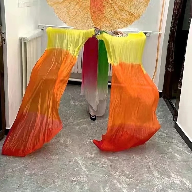 عالية الجودة الحرير الرقص الشرقي مروحة 1 زوج من الراقصات الصينية المصبوغة يدويا ممارسة خيوط طويلة مروحة الرقص الدعائم التدرج اللون
