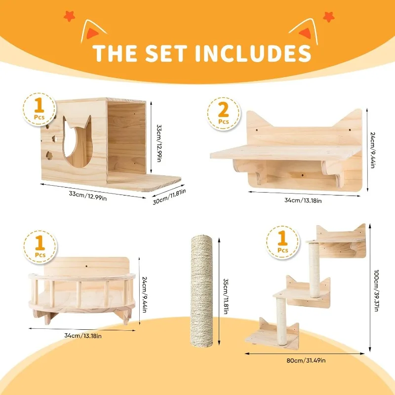 Shelves and Perches for Wall, Climbing Shelf Playground Scratching Post with 3 Steps Indoor Mou