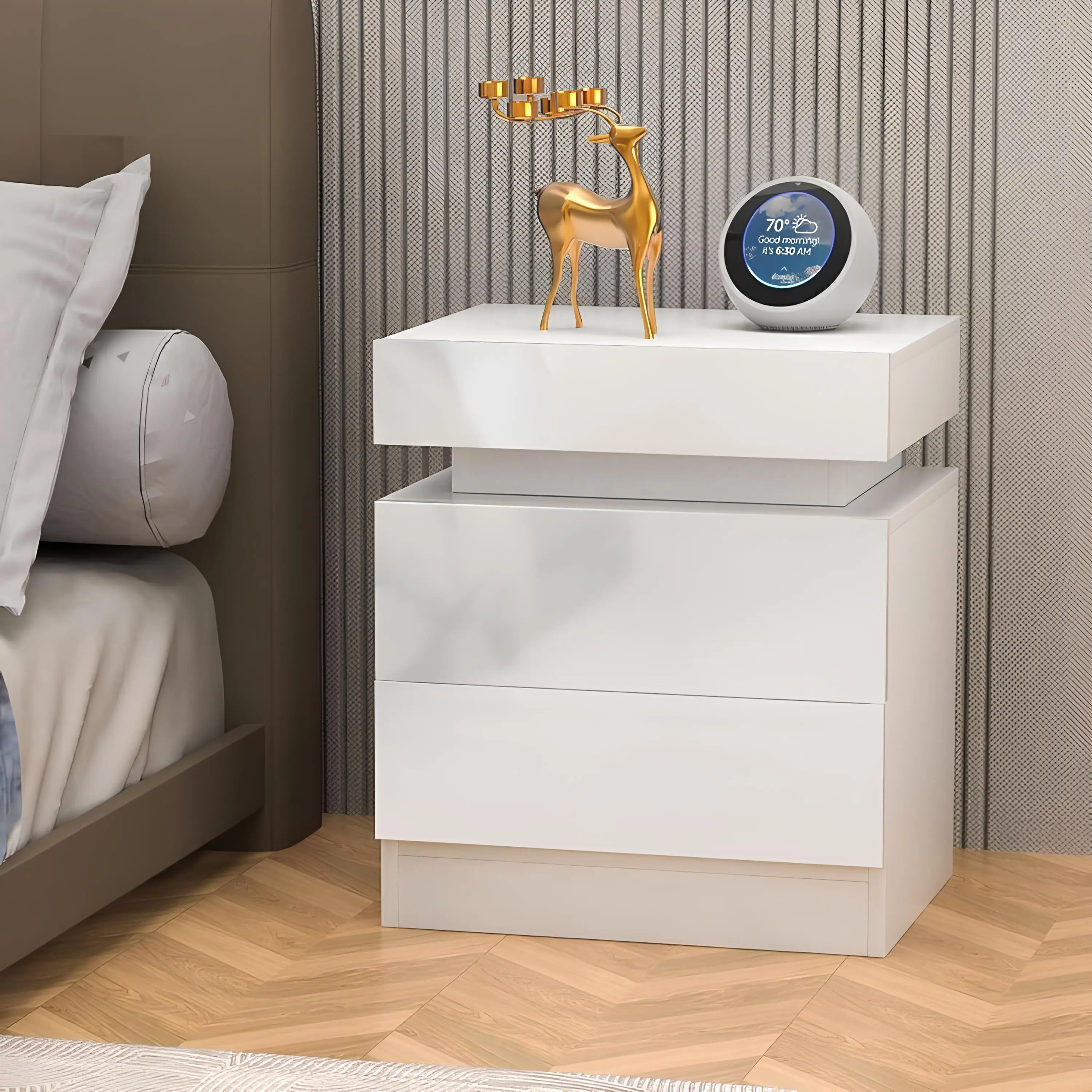 طاولة بجانب السرير بيضاء مع درجين، درج علوي واحد، خزانة بجانب السرير مع 4 جوانب عالية اللمعان، طاولة جانبية بإضاءة LED RGB لغرفة النوم #2
