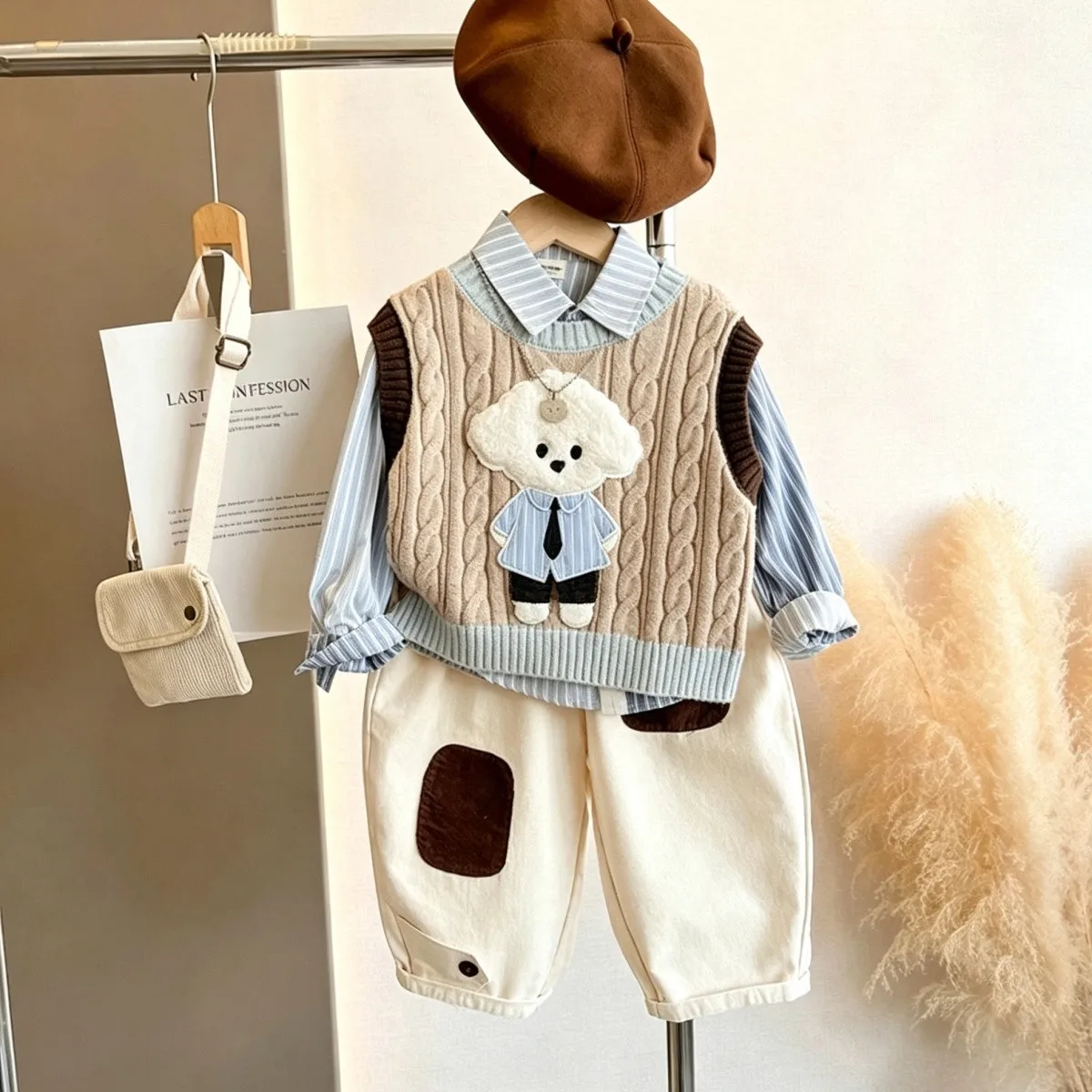 Boys' Set Spring and Autumn New Style Children's Stylish Vest Shirt Pants 3-Piece Set