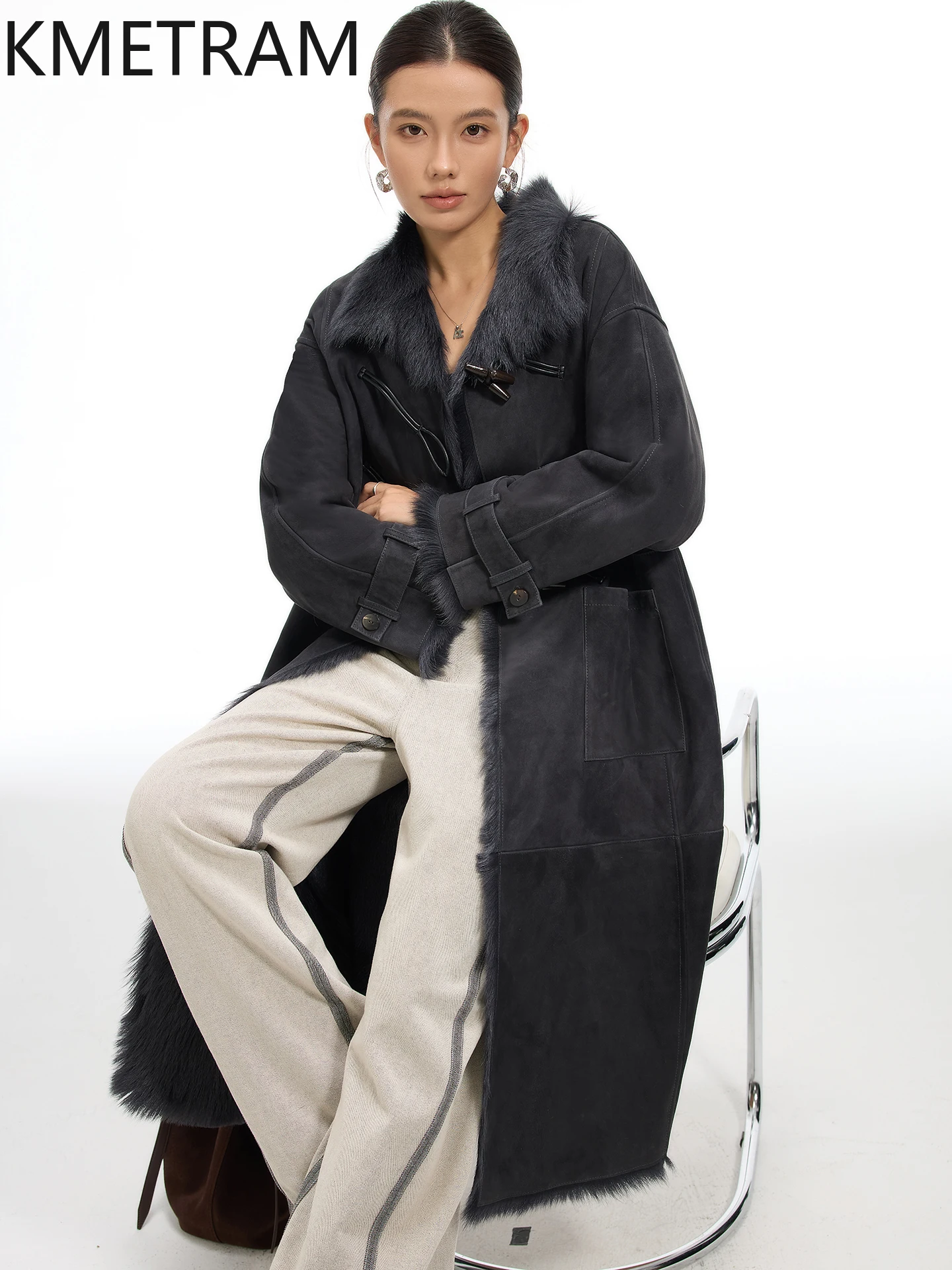 KMETRAM جلد الماعز الطبيعي توسكانا مع الصوف المرفقة معاطف امرأة عالية الجودة طويلة معطف الفرو الحقيقي الملابس الشتوية 2025 šыба vrouwska