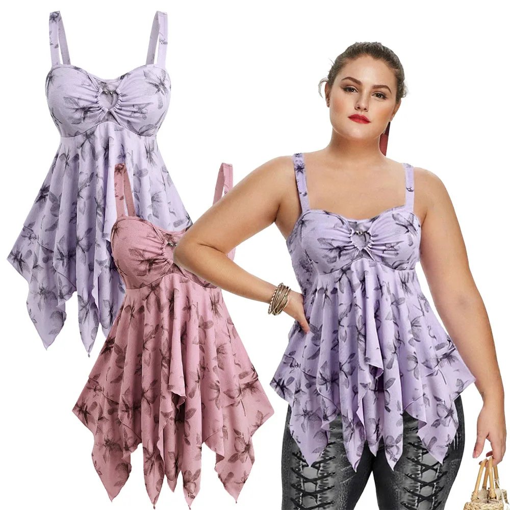 

Rosegal Plus size woman clothing Tank Top Floral Printed Heart Buckle Layered Handkerchief Asymmetric Casual Backless Vest New