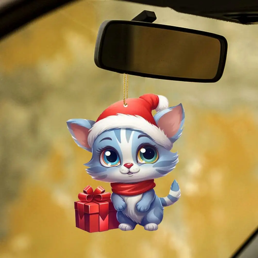 Unique Christmas Decoration Adorable Christmas Cat Rearview Mirror Hanging Pendant with Lanyard Cute Cartoon for Car for Cat