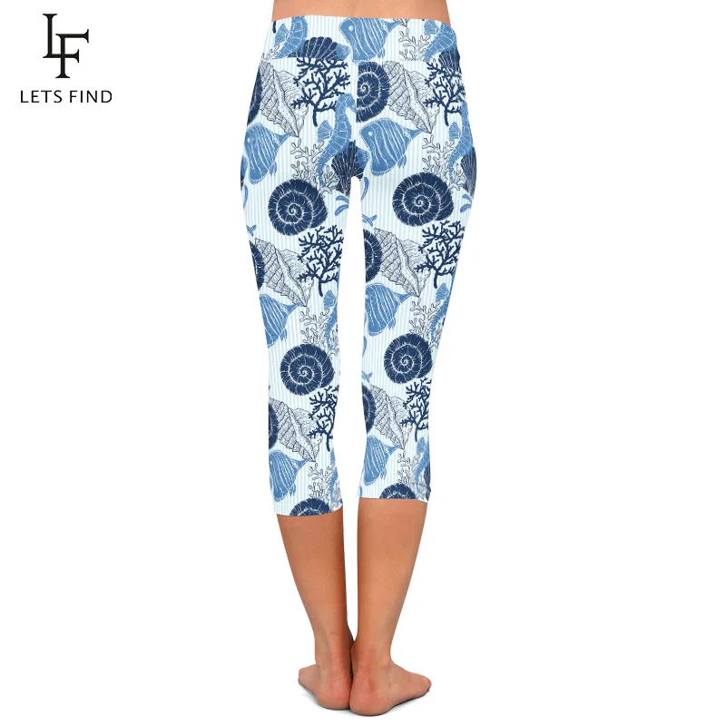 LETSFIND Summer New 3D Shells Seahorses and Corals Printing Capri Leggings High Waist Slim Fitness Mid-Calf Leggings