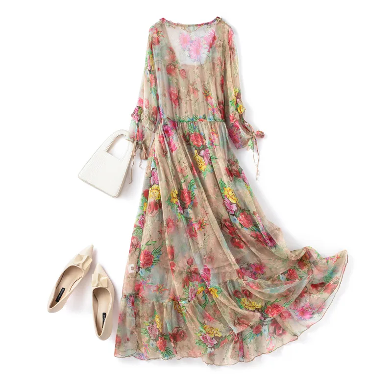 

Women 100%Real Silk Elegant Dress, Flying Sleeve Print, French Beach Vacation 2 Piece Set Dresses, 2025 Fall