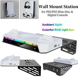 Wall Bracket with Dual Controller Charger RGB Light Metal Wall Hanging Charger Stand for PS5 and PS5 Slim Disc & Digital Version