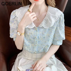 QOERLIN Summer Puff Short Sleeve Embroidered Shirts Summer New Korean Sweet Ruffled Shirt Tops Blouse Button Up Elegant Shirts