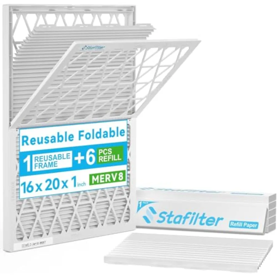 

Reusable 16x20x1 Air Filter MERV 8 1 Foldable Frame + 6 Refills (Not Individual Filters) Greener HVAC AC Furnace Air Filters MP