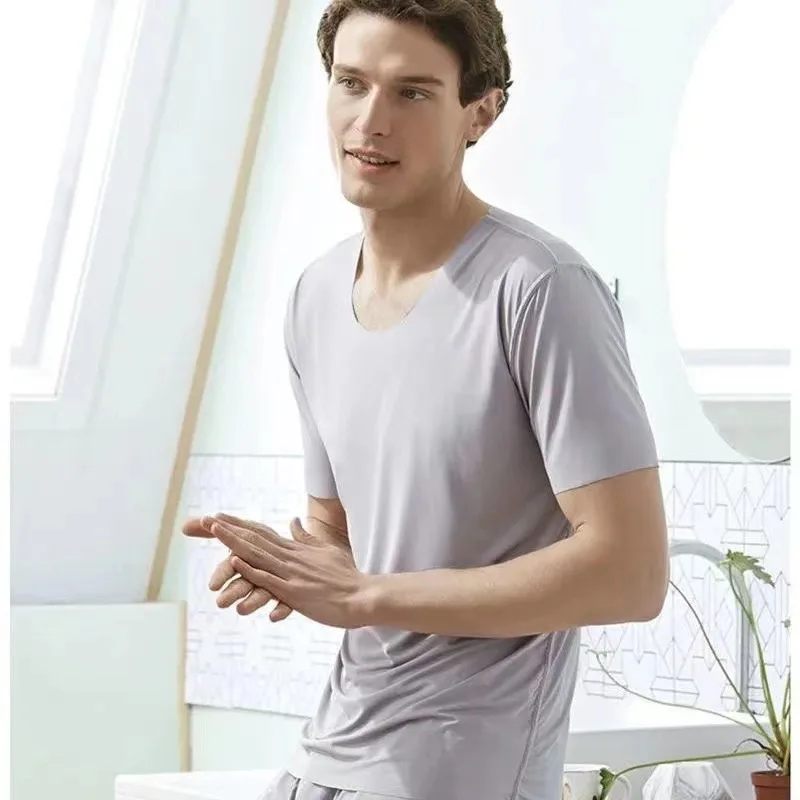 

Summer New Men's Ice Silk Pajamas Set Homewear Suit Summer Man Loungewear Suit Modal Thin Short-Sleeved Men's T-Shirt with Short