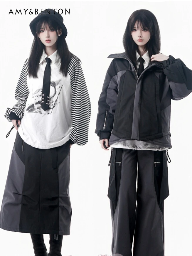 

Функциональные комплекты в стиле Харадзюку с цветными блоками, женская куртка с капюшоном, свободные повседневные брюки, полосатый свитшот, юбка средней длины