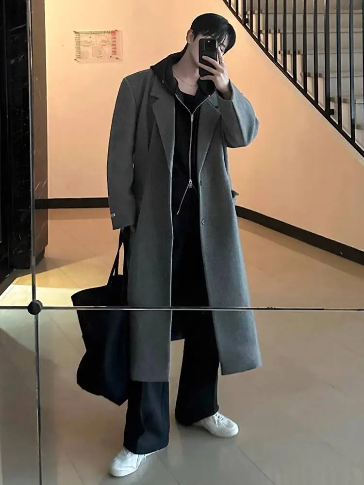 

SYUHGFA Korean Style Men's Woolen Coats Solid Color Casual Single Breasted Overknee Loose Male All-match Overcoats 2025 Winter