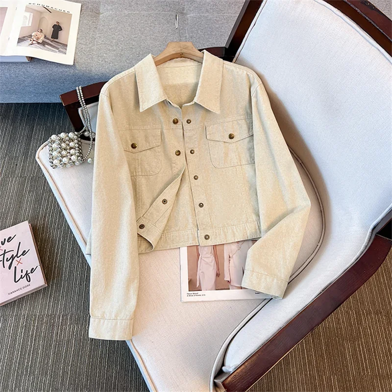 

Pink Khaki Denim Jacket Women Spring Autumn Short Cowboy Outerwear Loose Big Pocket Lapel Long Sleeve Jeans Jacket Streetwear