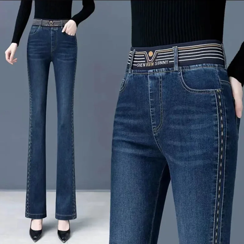 

Эластичные девятисекционные джинсы с высокой талией и вышивкой, женские весенне-осенние новые утягивающие расклешенные брюки из хлопка, стрейч