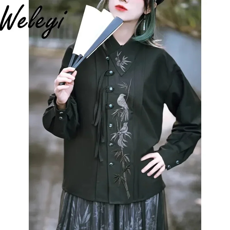 Grunge Clothes Gothic Women Shirt 2024 New Chinese Style Women's Embroidery Black Long Sleeve Blouse Diagonal Placket Top Female