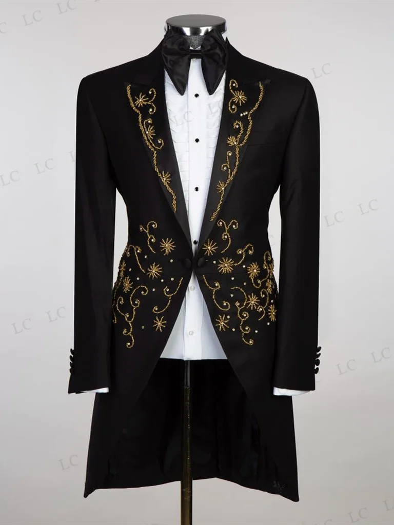 

2 Pieces Men Suits Long Blazer Pants Appliques Peaked Lapel Custom Gold Beadings Plus Size Formal Prom Wedding Groom Tailored