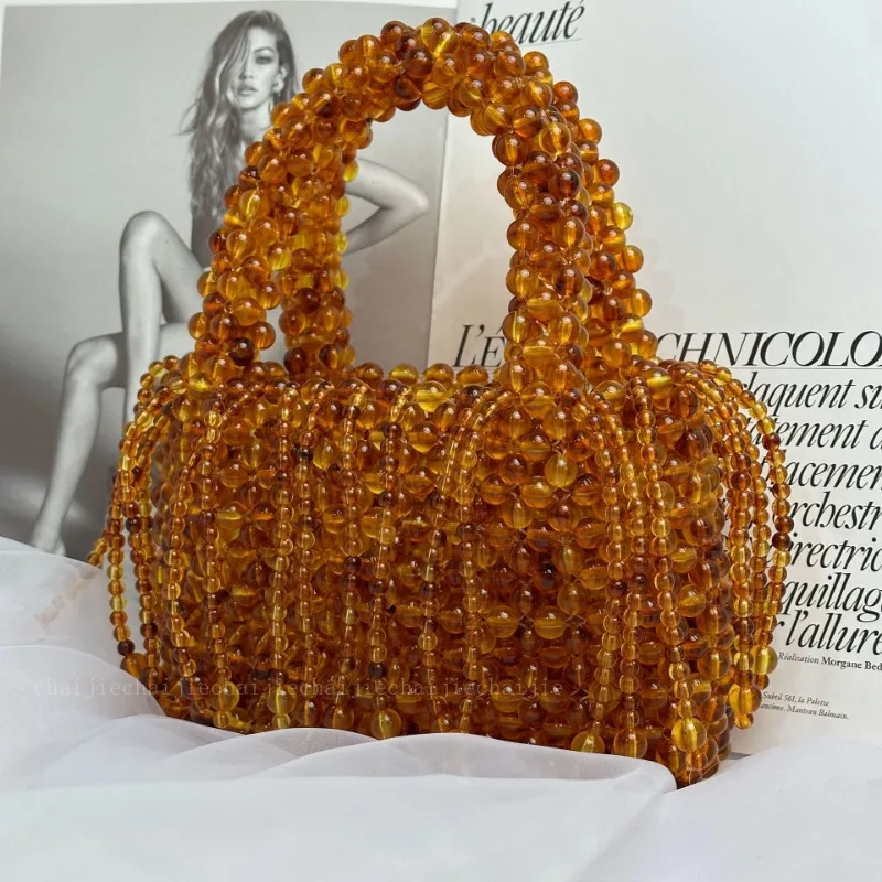 New Double Color Amber Acrylic Tassel Handmade Beaded Handbag Vintage Ins Handwoven Texture Women's Bag Customized Crystal Bags