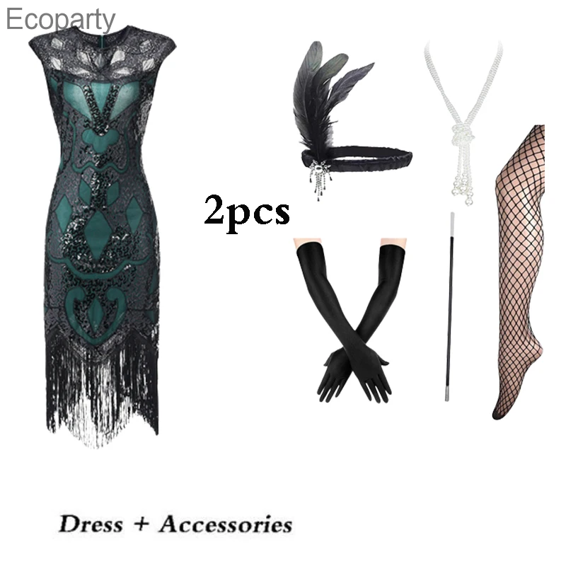 Vestido de Mujer Women's 1920s 20s Great Gatsby Inspired Sequin Beads Long Fringe Flapper Dress /Accessories Set