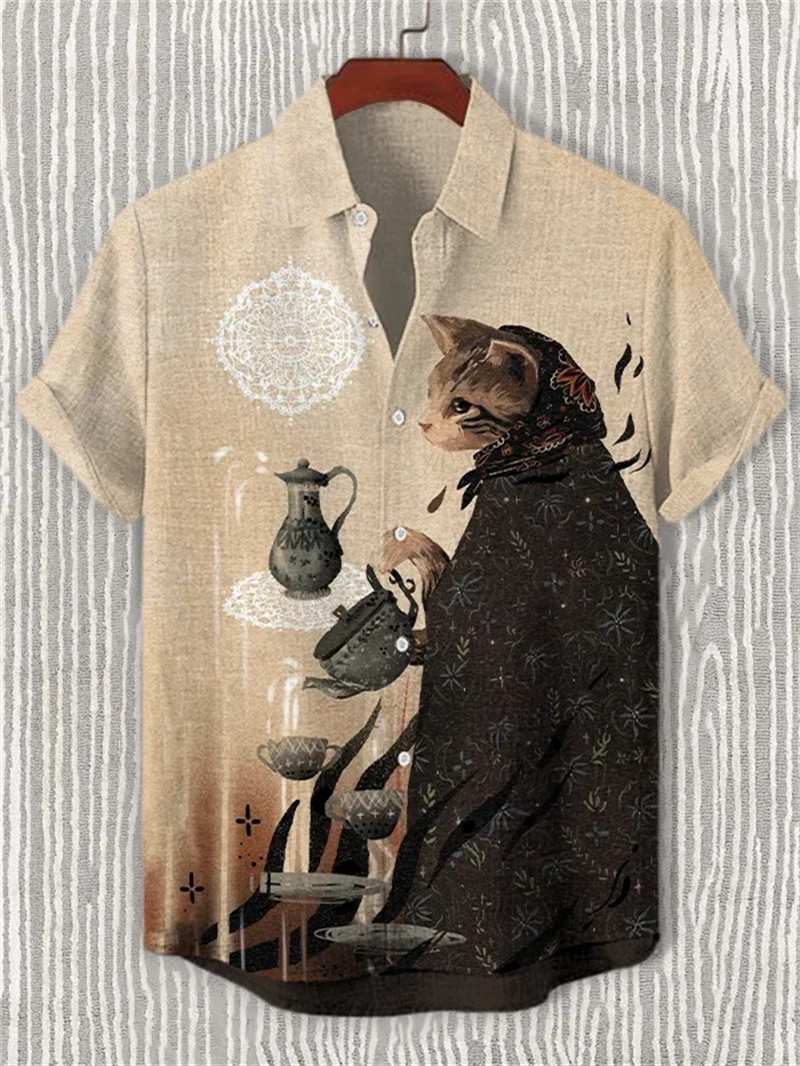 New 3D printed ukiyo-e cat pattern men's shirt summer casual short sleeved top men's button up shirt men's street
