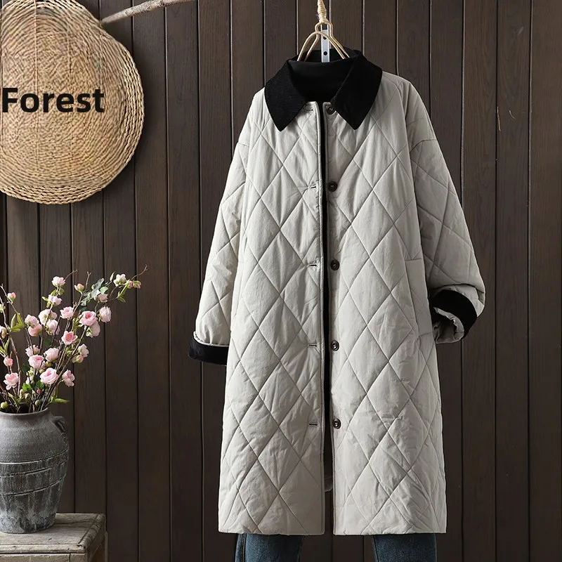 

Women's Long Cotton Jacket Winter Warm Quilted Coat Loose Fit Corduroy Collar Diamond Pattern Thickened Cotton Outerwear
