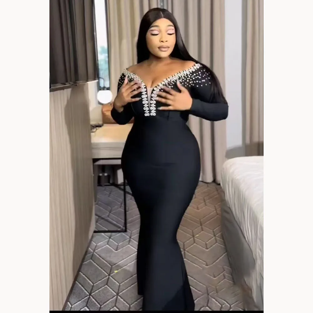 

Black Women Dresses Sexy Taillissime Long Sleeved Diamond Bandage Gowns Fashion Slim Fitted V-neck Women's Evening Party Dresses