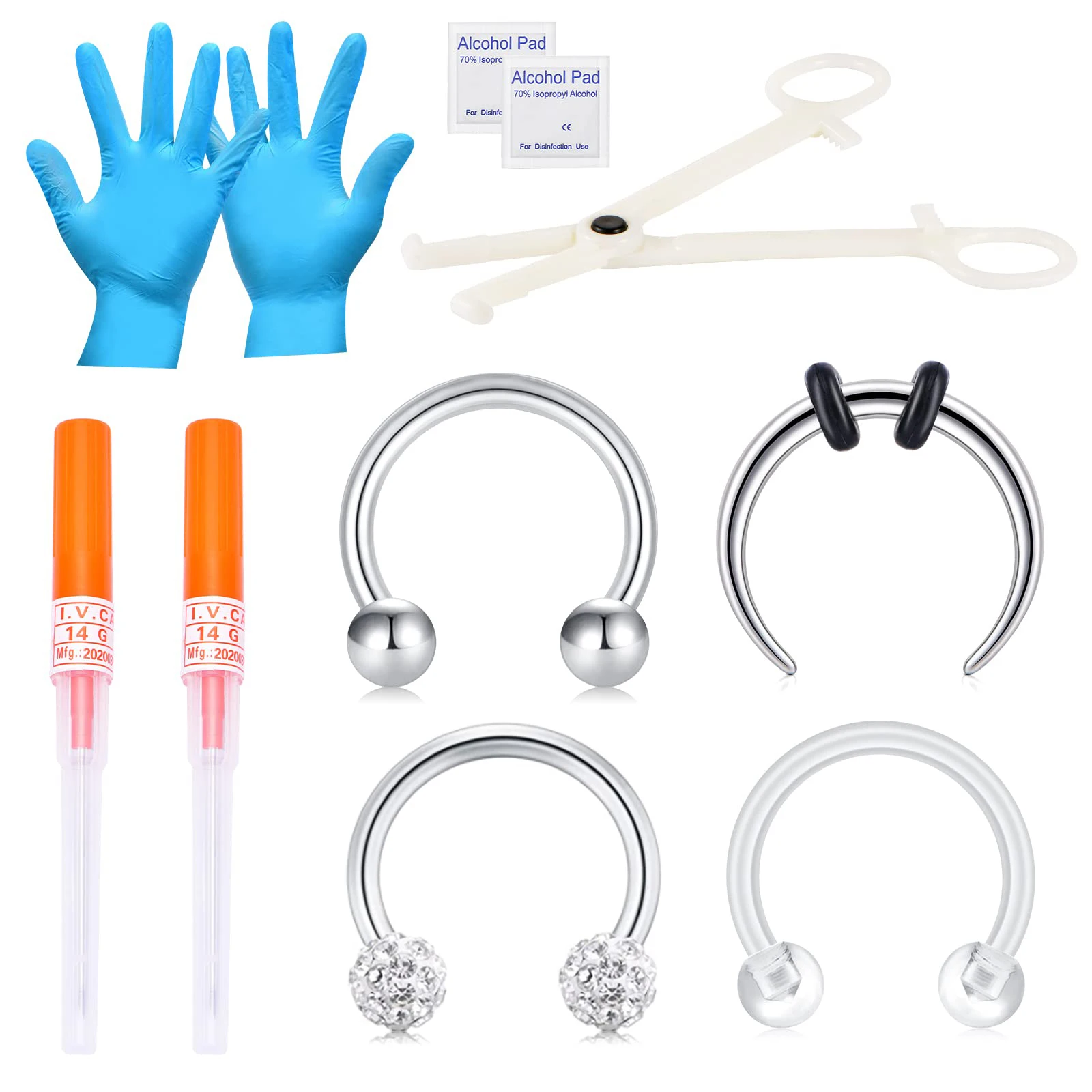 11Pcs Septum Piercing Kit 16 Gauge Nose Ring Lip Cartilage Stainless Steel With Piercing Tools Needle and Clamp