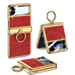 Case For Luxury Plating Leather Samsung Galaxy Z Flip 4 Magnetic All-included Hinge Ring Holder Cover For Galaxy Z Flip4 Case