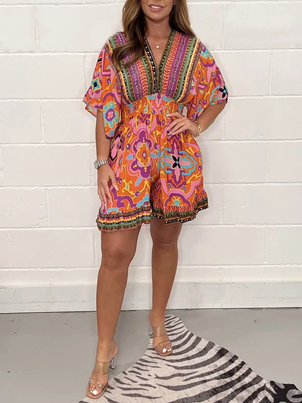 

Summer Short Sleeved Printed V-neck Ethnic Style Shorts Jumpsuit Women's Fashionable Retro Short Sleeved Casual Beach Jumpsuit