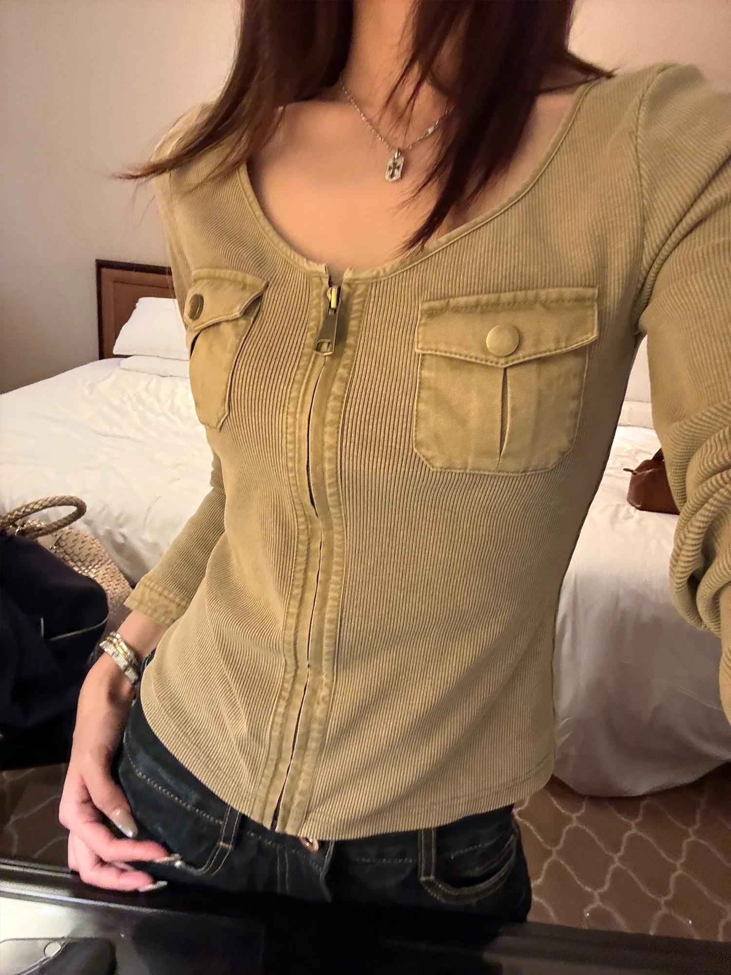 

Женская трикотажная футболка SUONE с длинным рукавом на молнии, облегающая, базовый слой, корейский стиль, для повседневной носки, из смесового хлопка и полиэстера