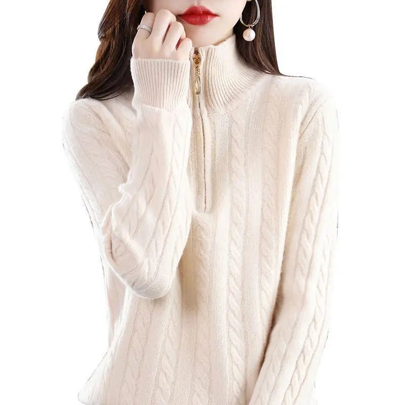 Fashion Turtleneck Loose All-match Zipper Sweater Women's Clothing 2023 Winter New Casual Pullovers Solid Color Tops